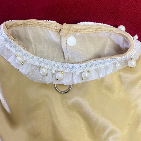 Ruffle Gold Dog Dress Matching Leash Formal Pearl Studded Bow Accent Pet Wedding - Picture 9 of 13